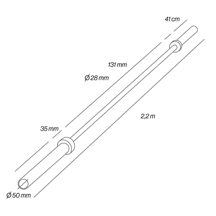 Barra olímpica profesional 2.2m * 50mm 8 rodamientos 454kg - Dimensiones